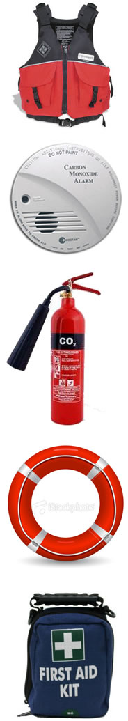Life jacket, carbon monoxide alarm, fire extinguisher, life ring and first aid kit